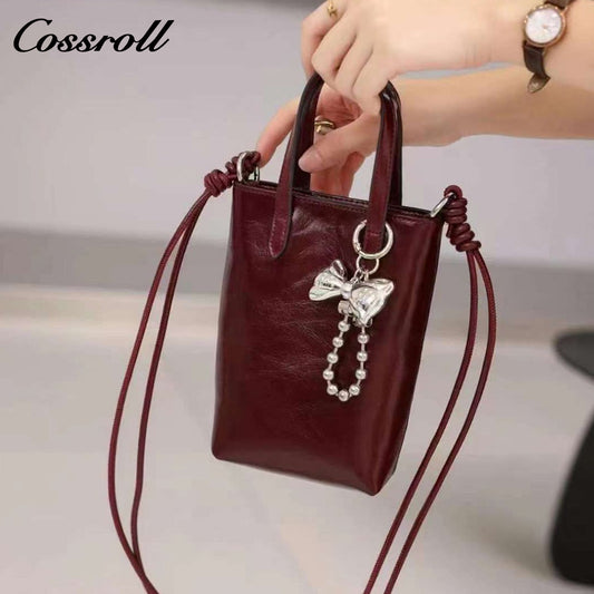 Premium sense of head layer cowhide leather cell phone bag mini exquisite cute handheld shoulder bag