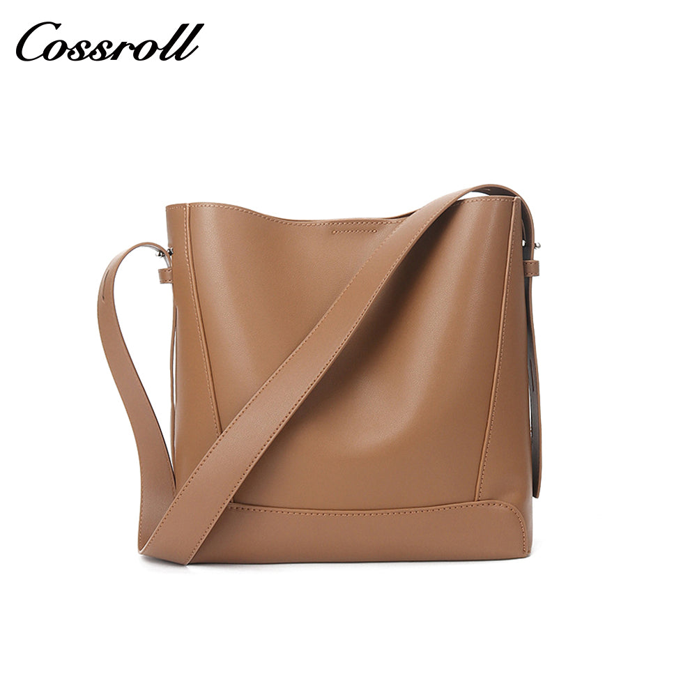 Head layer cowhide bucket bag shoulder bag simple fashion pure color commuter bag