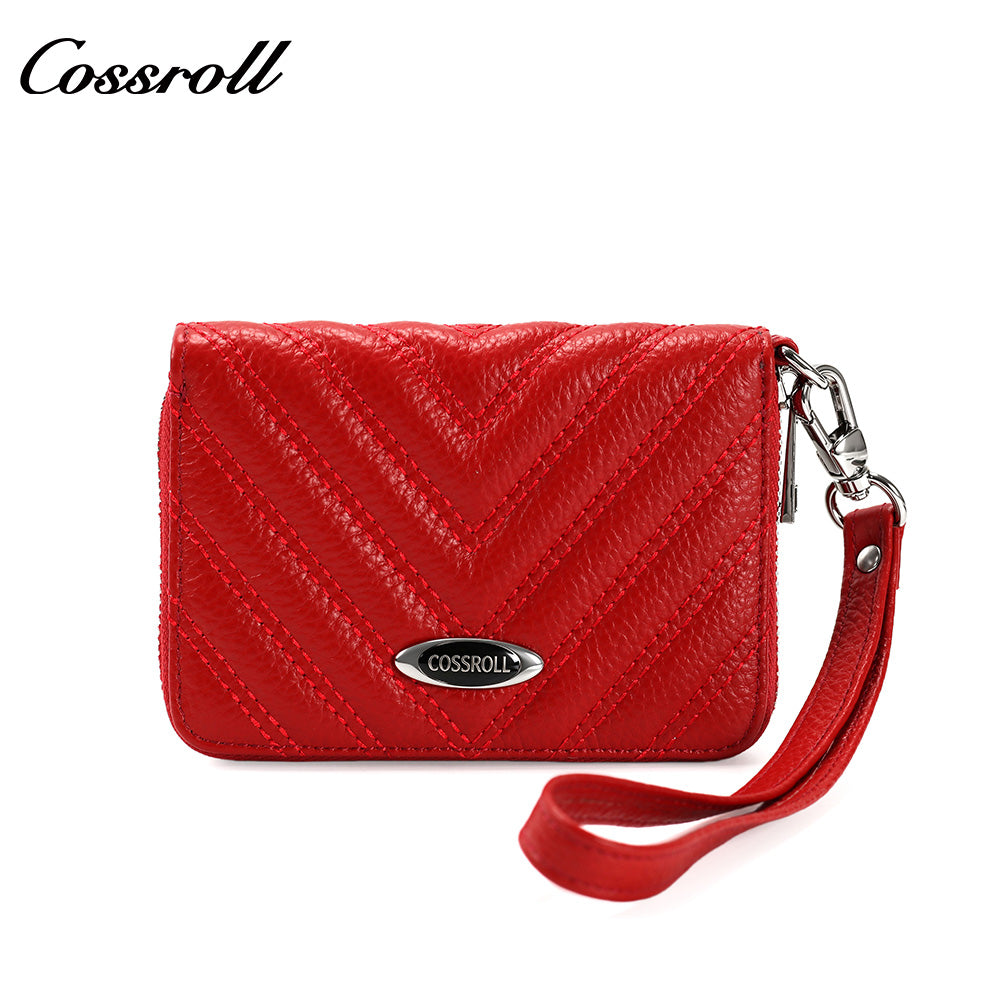 Women's Litchi Grain Cowhide Coin & Card Wallet, Chevron Quilted Wrist Clutch, Multi-functional Card & Coin Storage Pouch