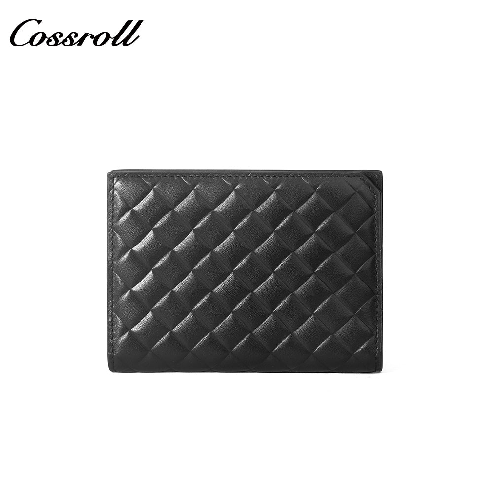 Diamond Quilted Genuine Leather Bifold Short Card Wallet, Ultra Slim Multi-Slot Business ID Card Holder
