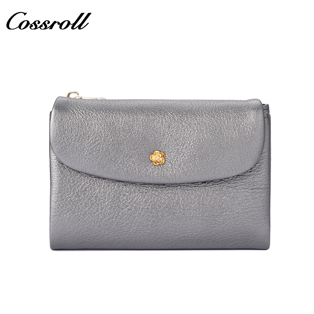 Cossroll women's cross-border genuine leather wallet, with gold floral decoration, retro glossy large capacity