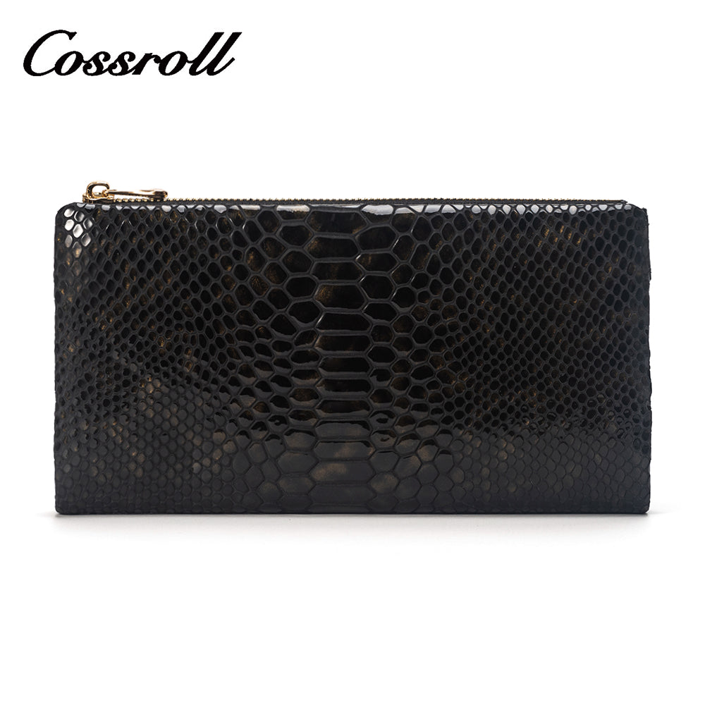 Black snakeskin print long leather wallet