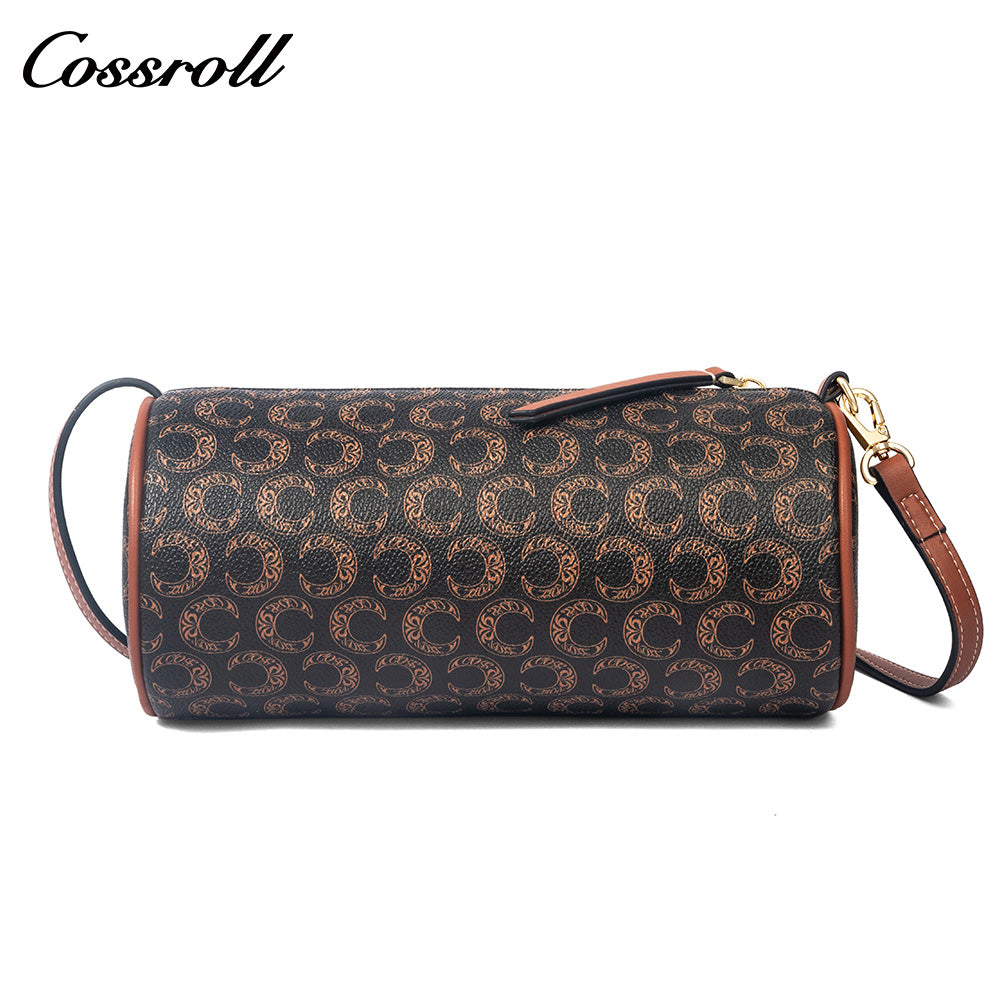 Women Vintage C Monogram Cylinder Bag, Genuine Leather Dual-use Shoulder & Crossbody Barrel Purse