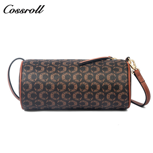 Women Vintage C Monogram Cylinder Bag, Genuine Leather Dual-use Shoulder & Crossbody Barrel Purse