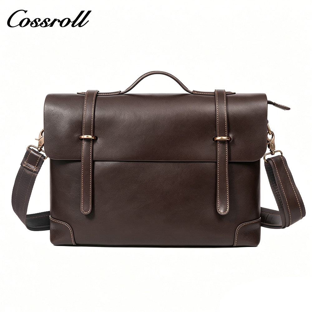 Men's Cowhide Leather Messenger Briefcase, Flap Laptop Handbag, Large Capacity Genuine Leather Shoulder & Crossbody Bag for Business & Daily Commute