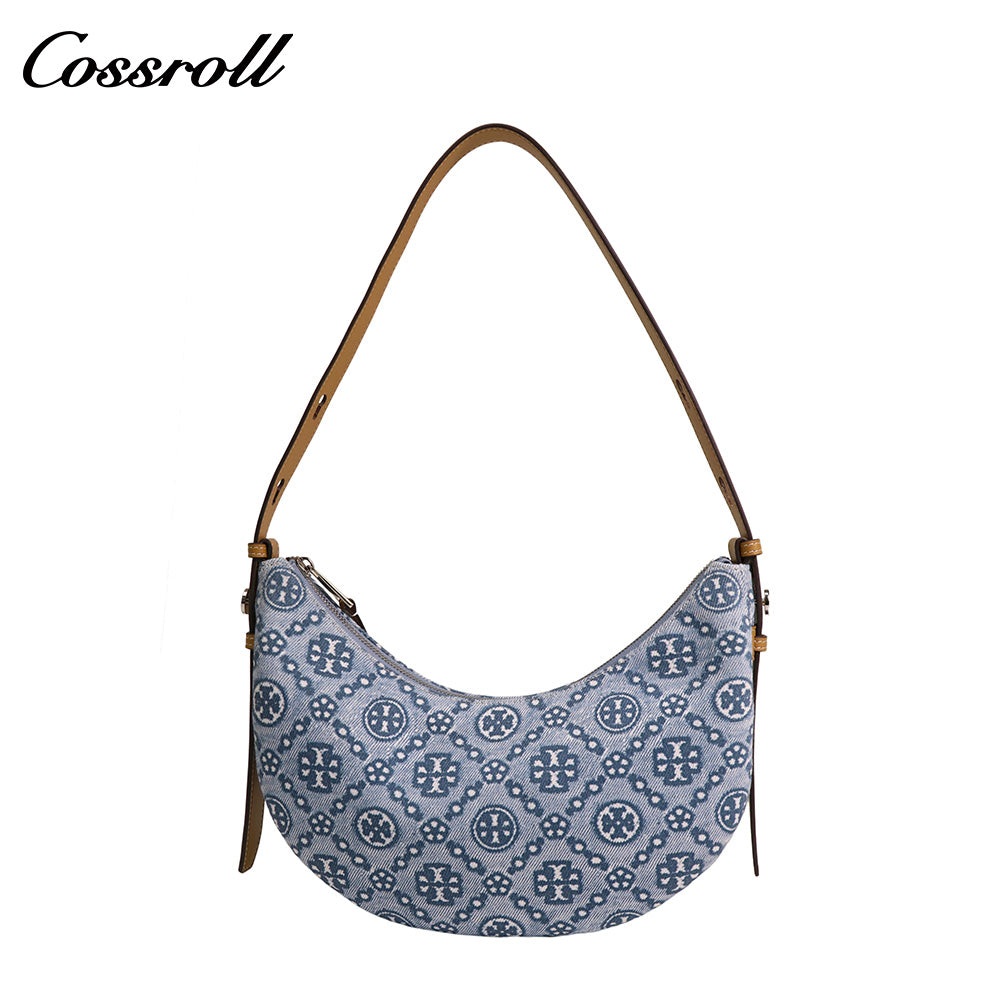 Women's Vintage All-Over Jacquard Crescent Underarm Bag, Denim Print Shoulder Bag with Adjustable Strap, Monogram Casual Mini Handbag for Daily Commute