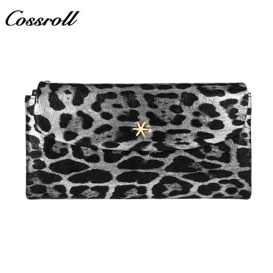 Pure cowhide long hand purse to put mobile phone Omnimatch 2024 new fashion leopard leather multi-card bill clip