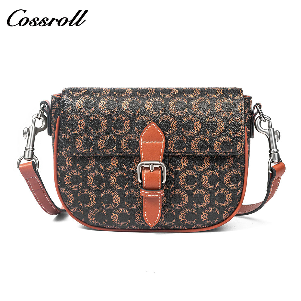 Vintage C Monogram Saddle Bag for Women, Contrast Brown Leather Buckle Flap Crossbody Shoulder Purse