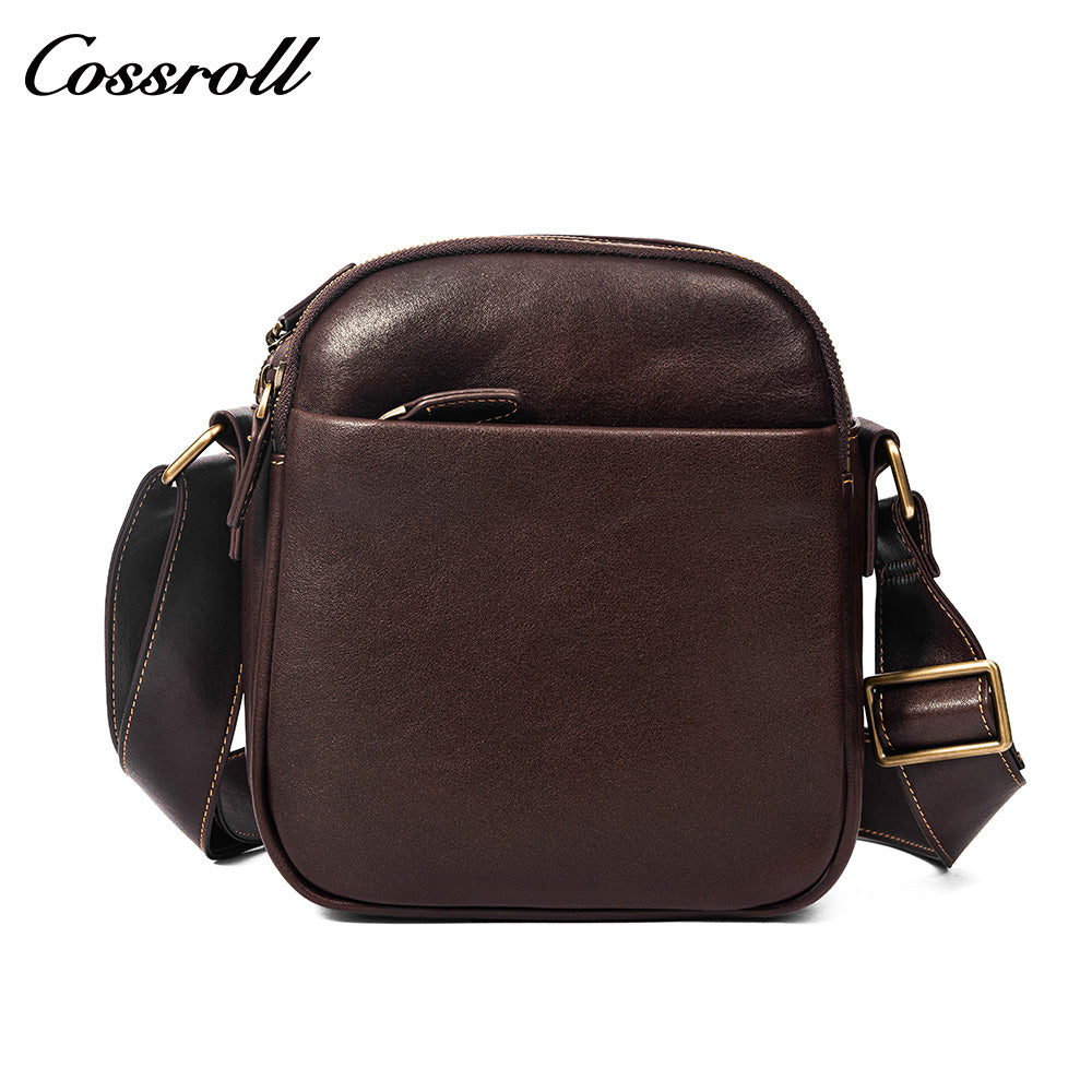 Men's Full Grain Leather Crossbody Bag, Multi-compartment Zipper Genuine Leather Shoulder Bag, Casual Everyday Carry Sling Bag