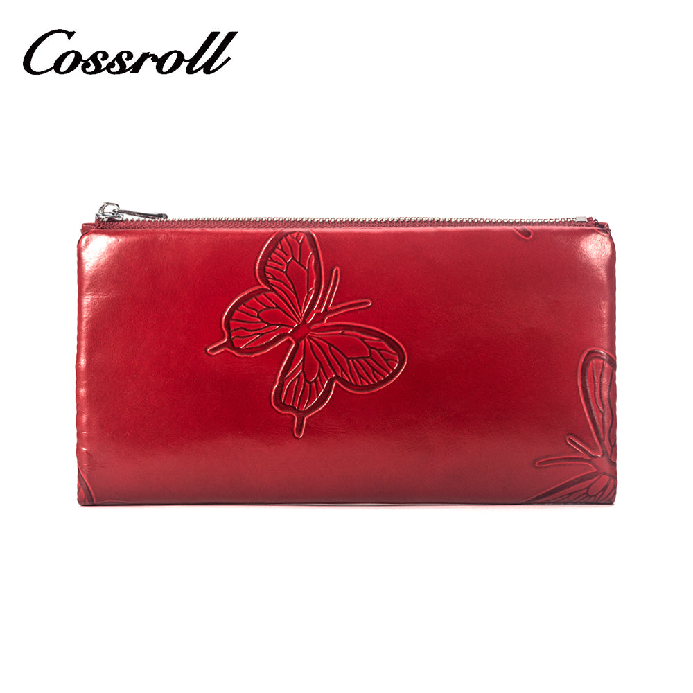 Butterfly print genuine leather long ladies clutch wallet