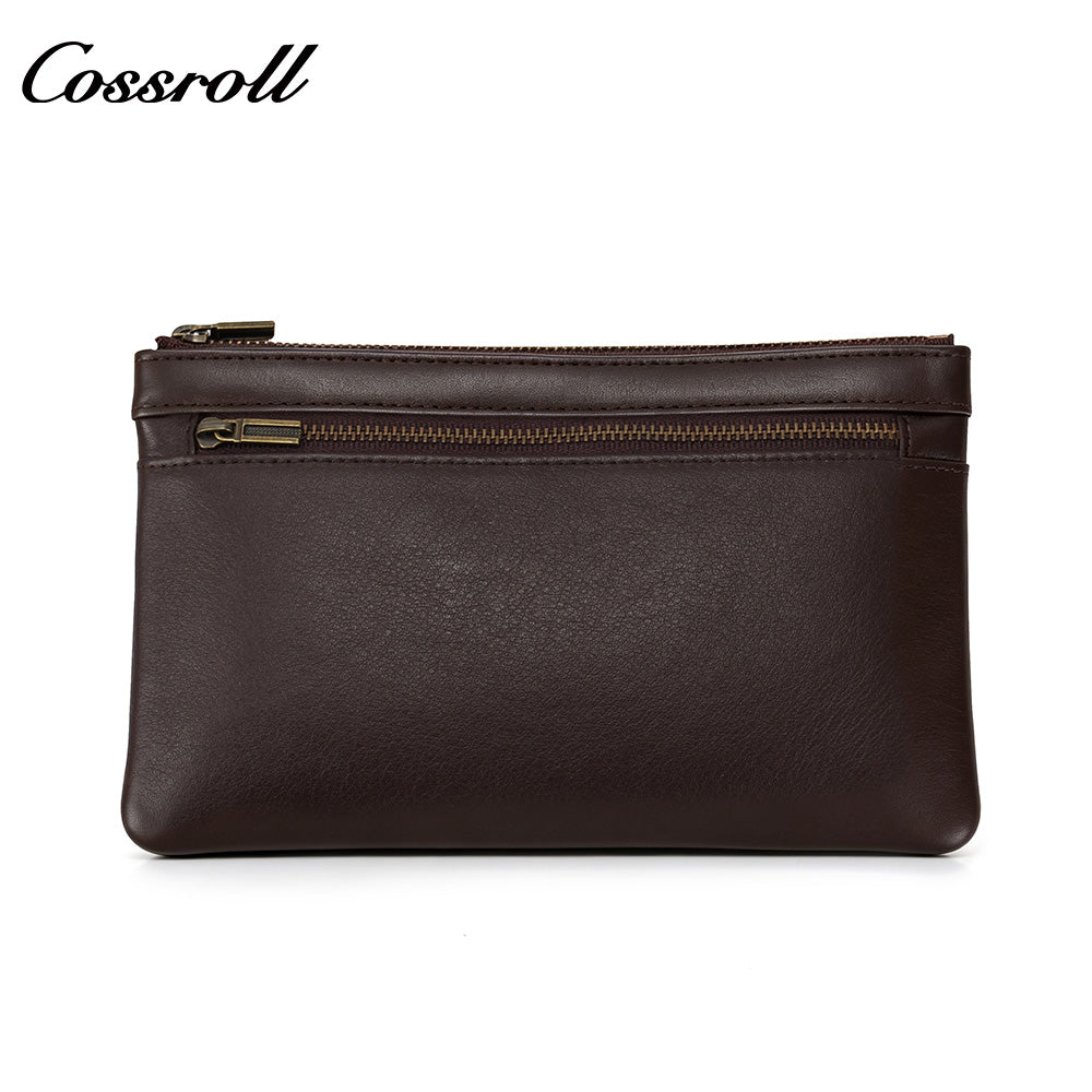 Vintage Genuine Leather Double Zipper Clutch Bag, Large Capacity Long Pouch for Coins & Documents