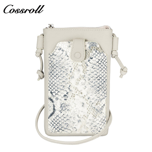 Cowhide python splicing crossbody bag small mobile phone bag women's 2024 new leather vertical bag cover leisure purse