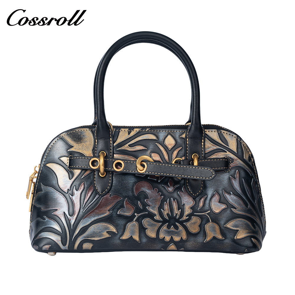 Vintage Embossed Leather Shell Bag for Women, Hand-Carved Handbag & Crossbody Purse