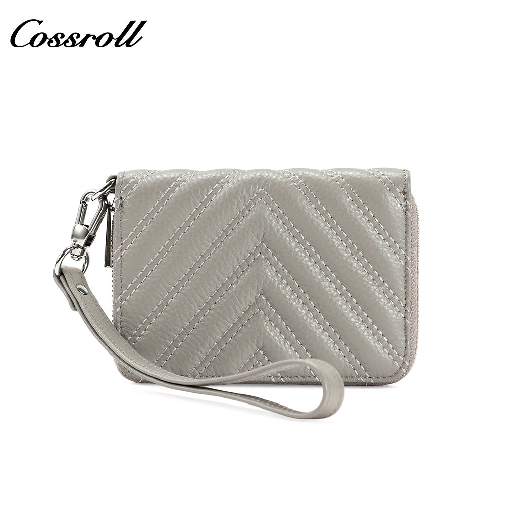 Chevron Quilted Genuine Leather Wristlet, Women's Litchi Grain Cowhide Coin Card Purse, Mini Zipper Hand Pouch