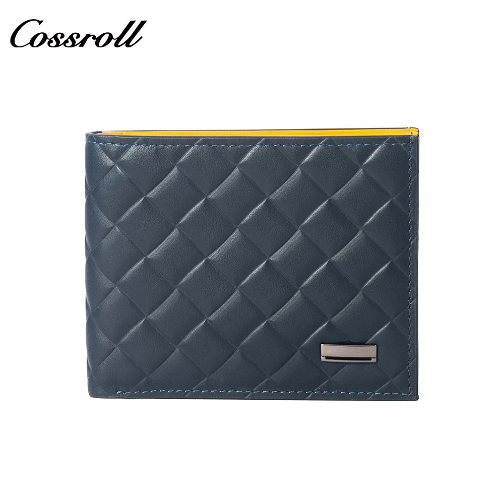 Diamond Quilted Embossed Genuine Leather Men's Wallet, Slim Business Bifold Purse with Contrast Bright Yellow Lining