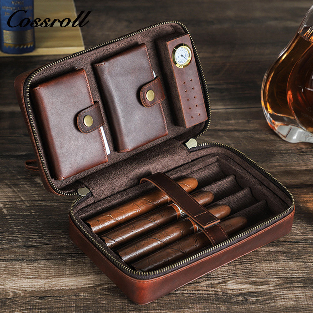 Crazy Horse Leather  4-piece humidor with hygrometer Outdoor Travel Cigar Accessory Set Moisturizing storage box