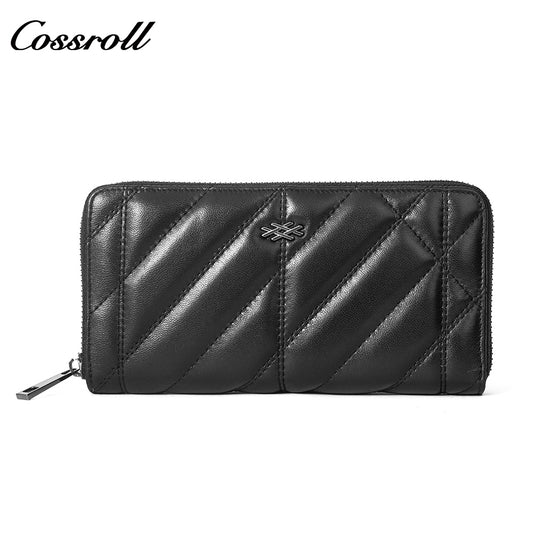 Women's Diagonal Quilted Long Zip Around Wallet, Genuine Leather Large Capacity Multi Card Slots Hand Purse, All-in-One Bag for ID Cards & Coins