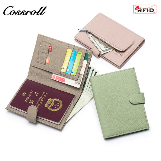 Leather anti-theft brush passport bag wallet integrated men's and women's travel ticket clip protective cover document storage