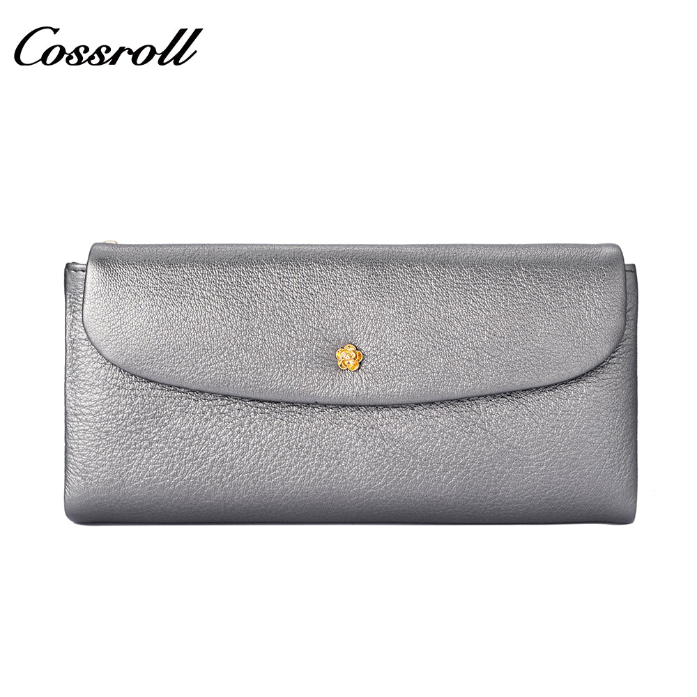 Women's cross-border genuine leather wallet with gold floral decoration, long vintage glossy design, large capacity with multiple card slots