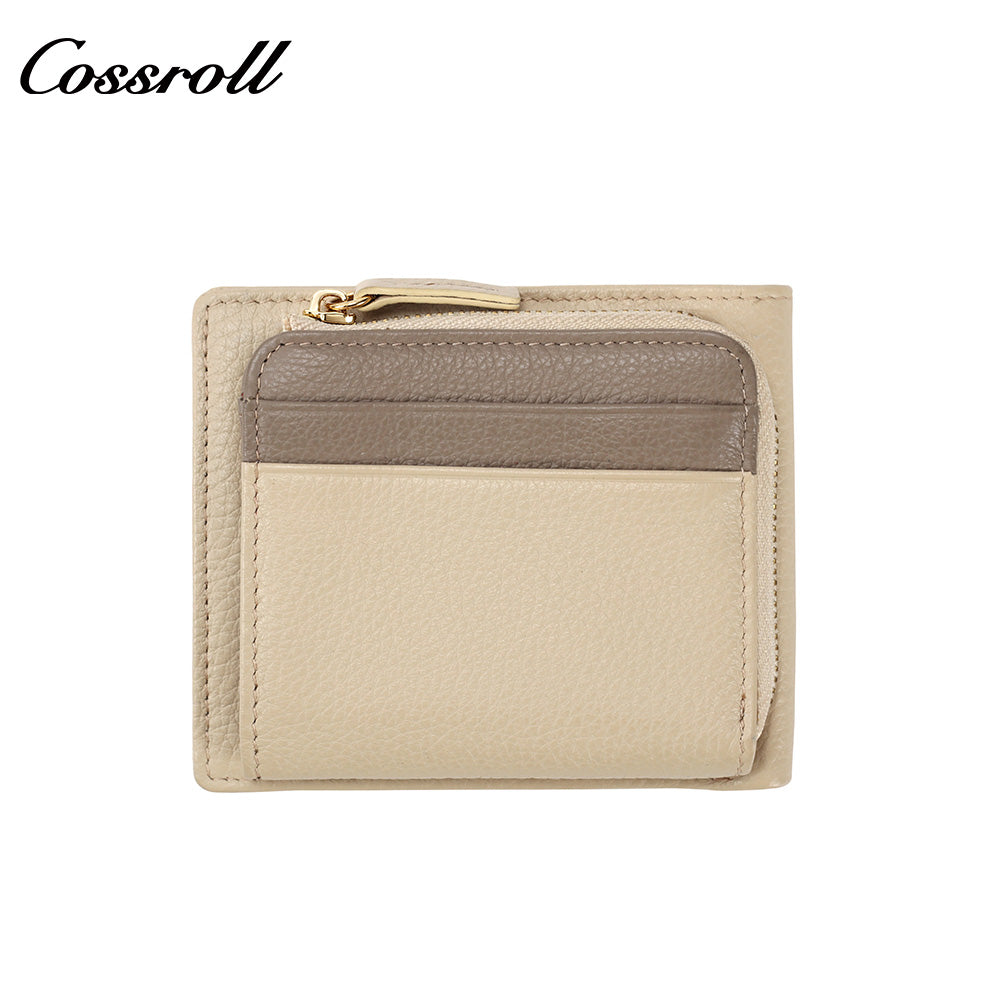 Women's Color Block Litchi Grain Cowhide Bifold Wallet, Minimalist Contrast Genuine Leather Card Holder, Small Bifold Purse with Zipper Coin Pocket
