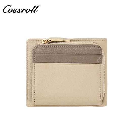 Women's Color Block Litchi Grain Cowhide Bifold Wallet, Minimalist Contrast Genuine Leather Card Holder, Small Bifold Purse with Zipper Coin Pocket