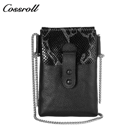 Cowhide snake-print splicing crossbody bag small mobile phone bag female all-match 2024 new leather vertical bag cover leisure purse