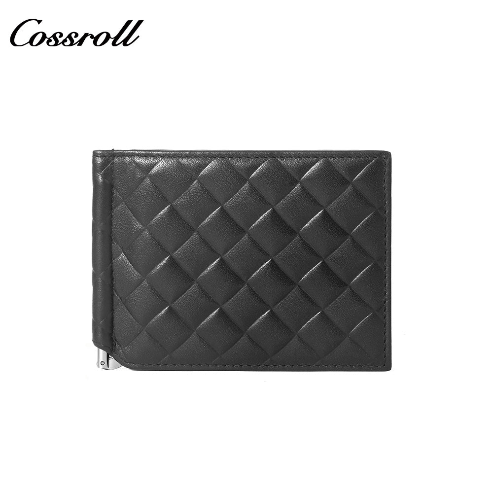 Men's Diamond Quilted Genuine Leather Money Clip Wallet, Ultra Slim Bifold Multi-Slot ID & Card Holder