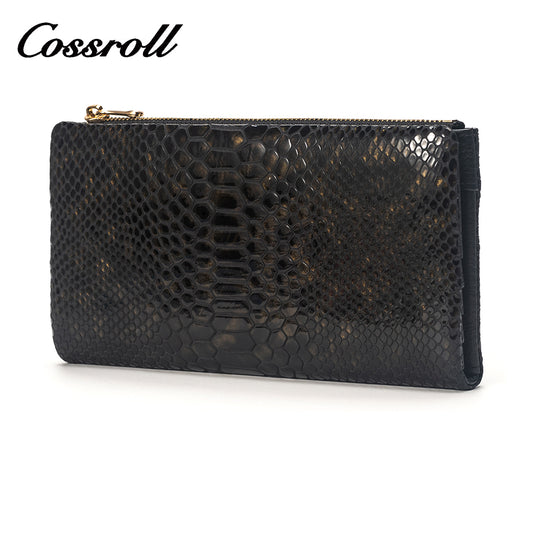 Black snakeskin print long leather wallet