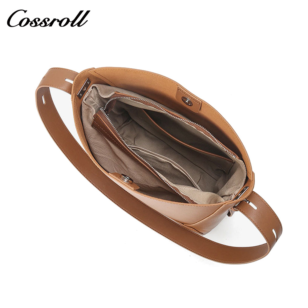 Head layer cowhide bucket bag shoulder bag simple fashion pure color commuter bag