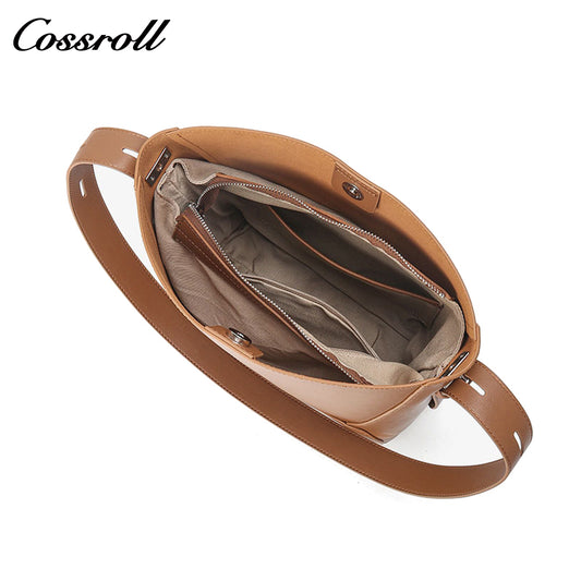 Head layer cowhide bucket bag shoulder bag simple fashion pure color commuter bag