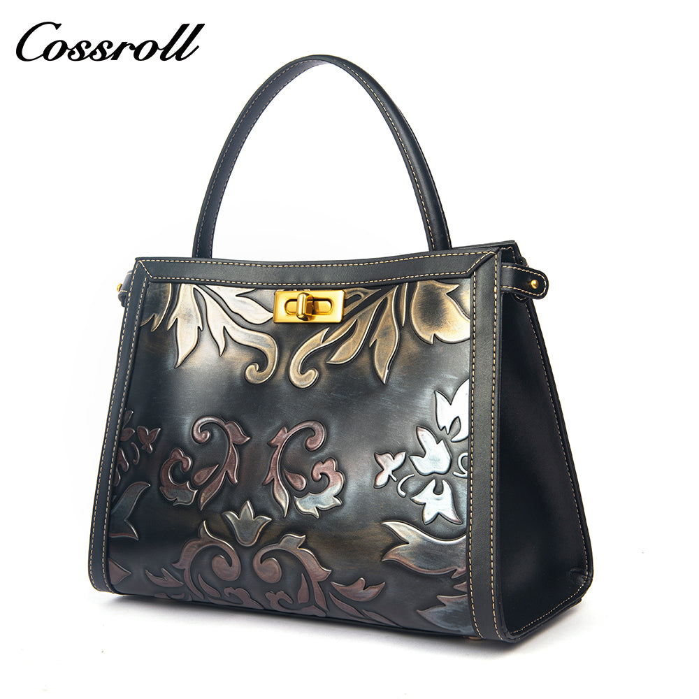 Niche Design Embossed Leather Bag, Vintage Genuine Leather Large Capacity Commuter Handbag & Crossbody Bag