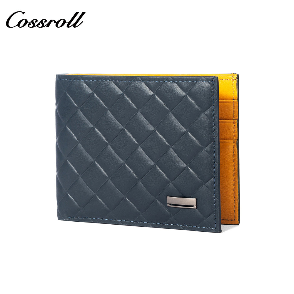 Diamond Quilted Embossed Genuine Leather Men's Wallet, Slim Business Bifold Purse with Contrast Bright Yellow Lining