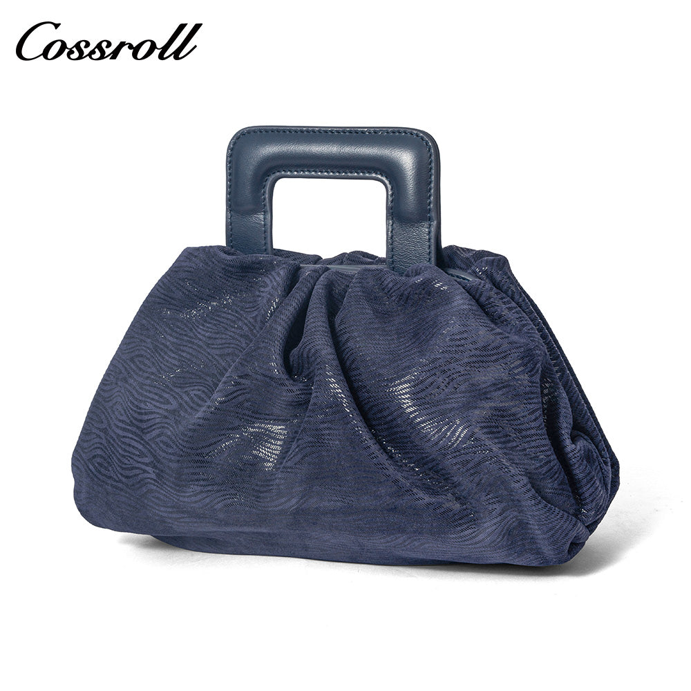 Women's Navy Wavy Textured Ruched Cloud Bag, Square Leather Handle Handbag, Minimalist Versatile Handheld Purse for Daily Commute