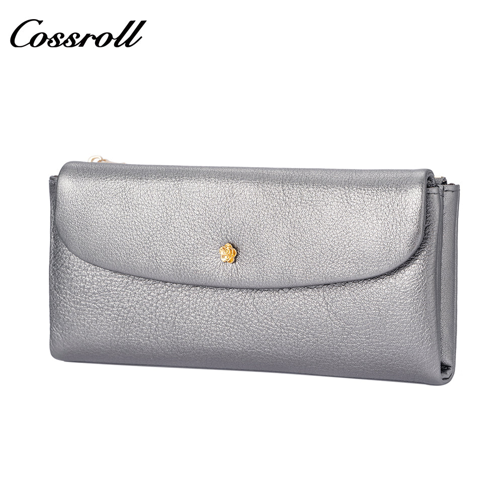 Women's cross-border genuine leather wallet with gold floral decoration, long vintage glossy design, large capacity with multiple card slots