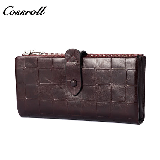 Genuine leather women's wallet with clasp, large-capacity long card holder, European and American fashion clutch