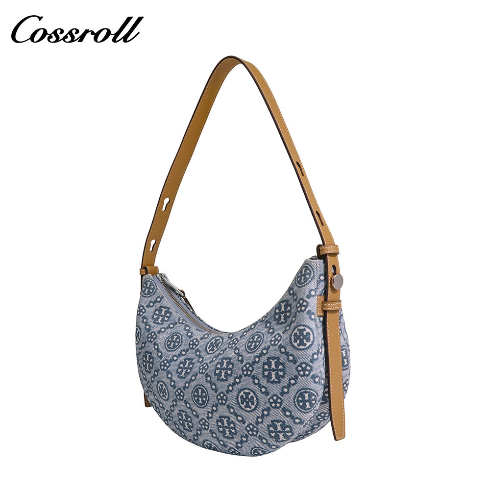 Women's Vintage All-Over Jacquard Crescent Underarm Bag, Denim Print Shoulder Bag with Adjustable Strap, Monogram Casual Mini Handbag for Daily Commute