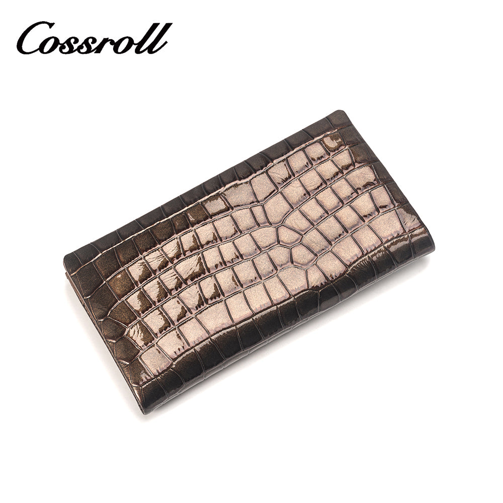 Brown crocodile print ladies long genuine leather wallet