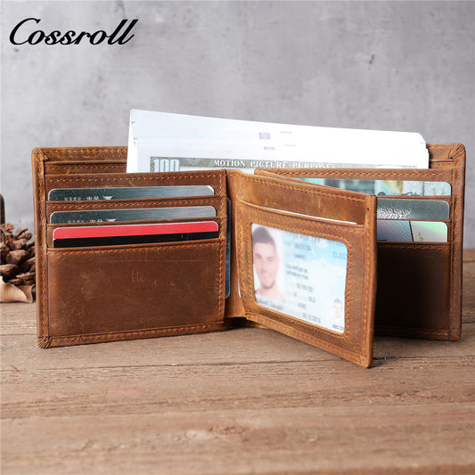 Men's Crazy Horse Leather Wallet, Top-Grain Cowhide, Tri-Fold Wallet