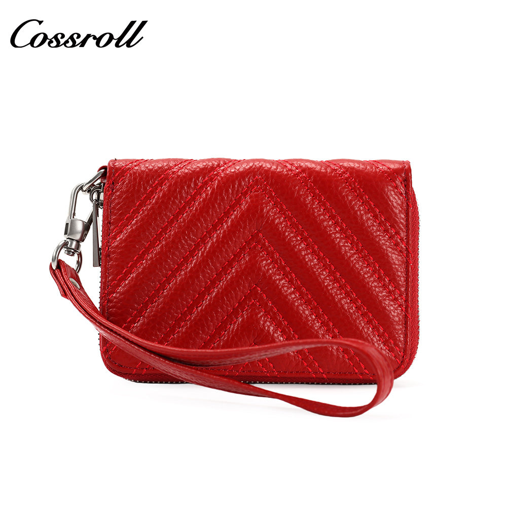Women's Litchi Grain Cowhide Coin & Card Wallet, Chevron Quilted Wrist Clutch, Multi-functional Card & Coin Storage Pouch