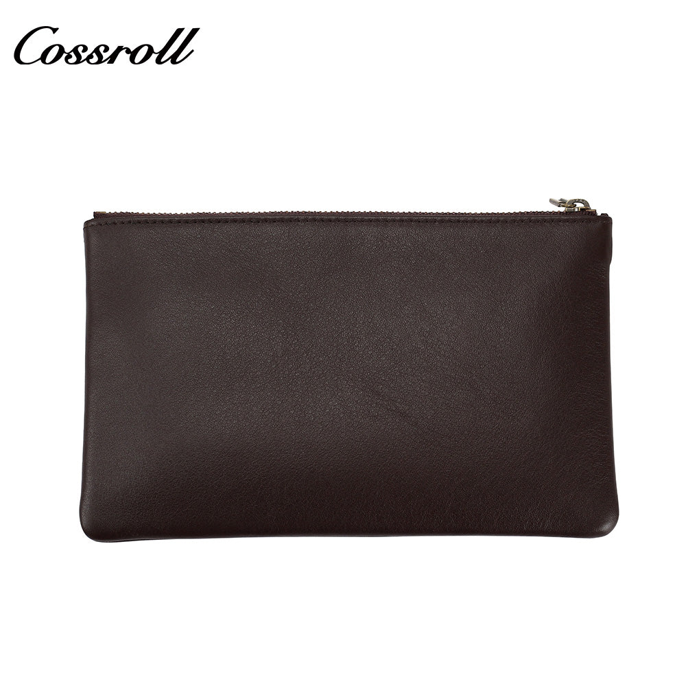 Vintage Genuine Leather Double Zipper Clutch Bag, Large Capacity Long Pouch for Coins & Documents