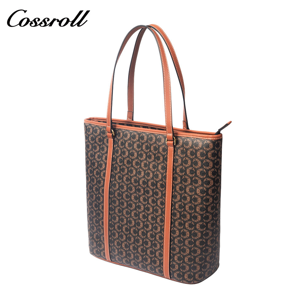Women Vintage C Monogram Vertical Tote Bag, Large Capacity Zipper Shoulder Handbag for Laptop & Daily Commute
