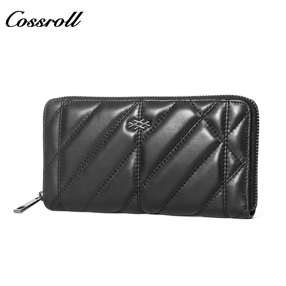 Women's Diagonal Quilted Long Zip Around Wallet, Genuine Leather Large Capacity Multi Card Slots Hand Purse, All-in-One Bag for ID Cards & Coins