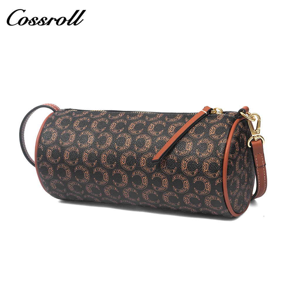 Women Vintage C Monogram Cylinder Bag, Genuine Leather Dual-use Shoulder & Crossbody Barrel Purse