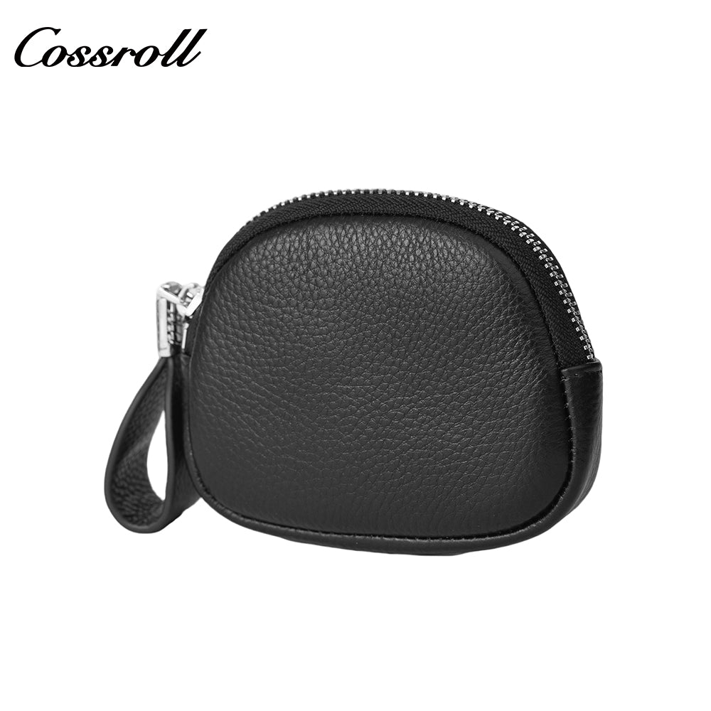 Genuine Leather Wallet for Women, Mini Zip Key Holder, Pebbled Grain Shell-Shaped Bag