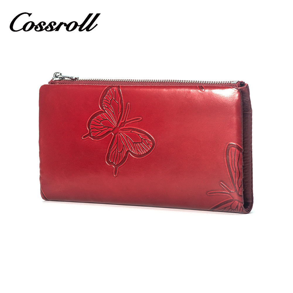 Butterfly print genuine leather long ladies clutch wallet