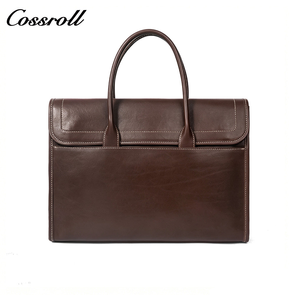 Men's Full Grain Leather Briefcase, Large Capacity Flap Laptop Handbag, Genuine Leather Business Commute Office Bag