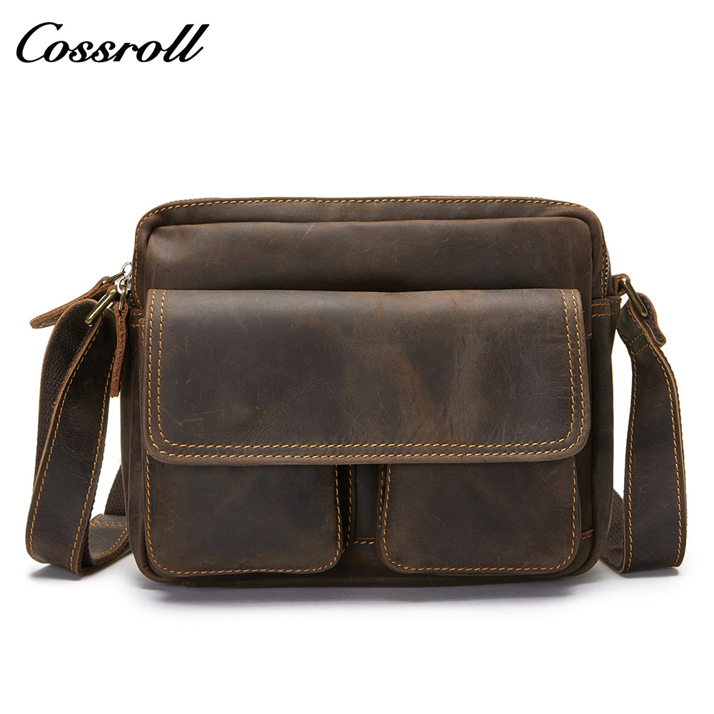 Europe and the United States fashion retro oblique backpack cowhide handbag wild horse leather men's single shoulder layer cowhide crossbody bag side backpack