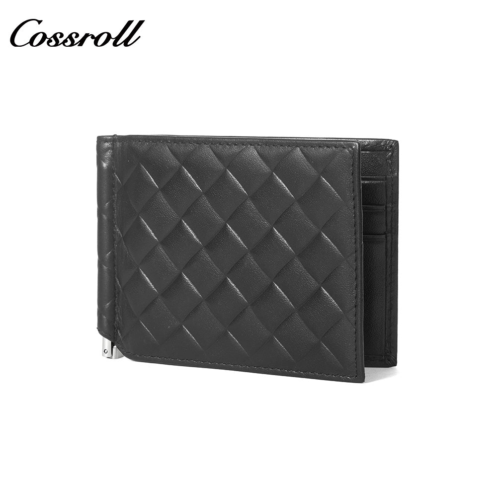 Men's Diamond Quilted Genuine Leather Money Clip Wallet, Ultra Slim Bifold Multi-Slot ID & Card Holder