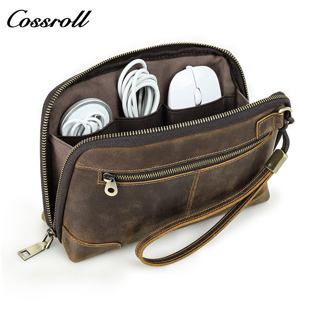 New retro Crazy Horse Leather cable Bluetooth headphone organizer with zippered wrist phone clutch