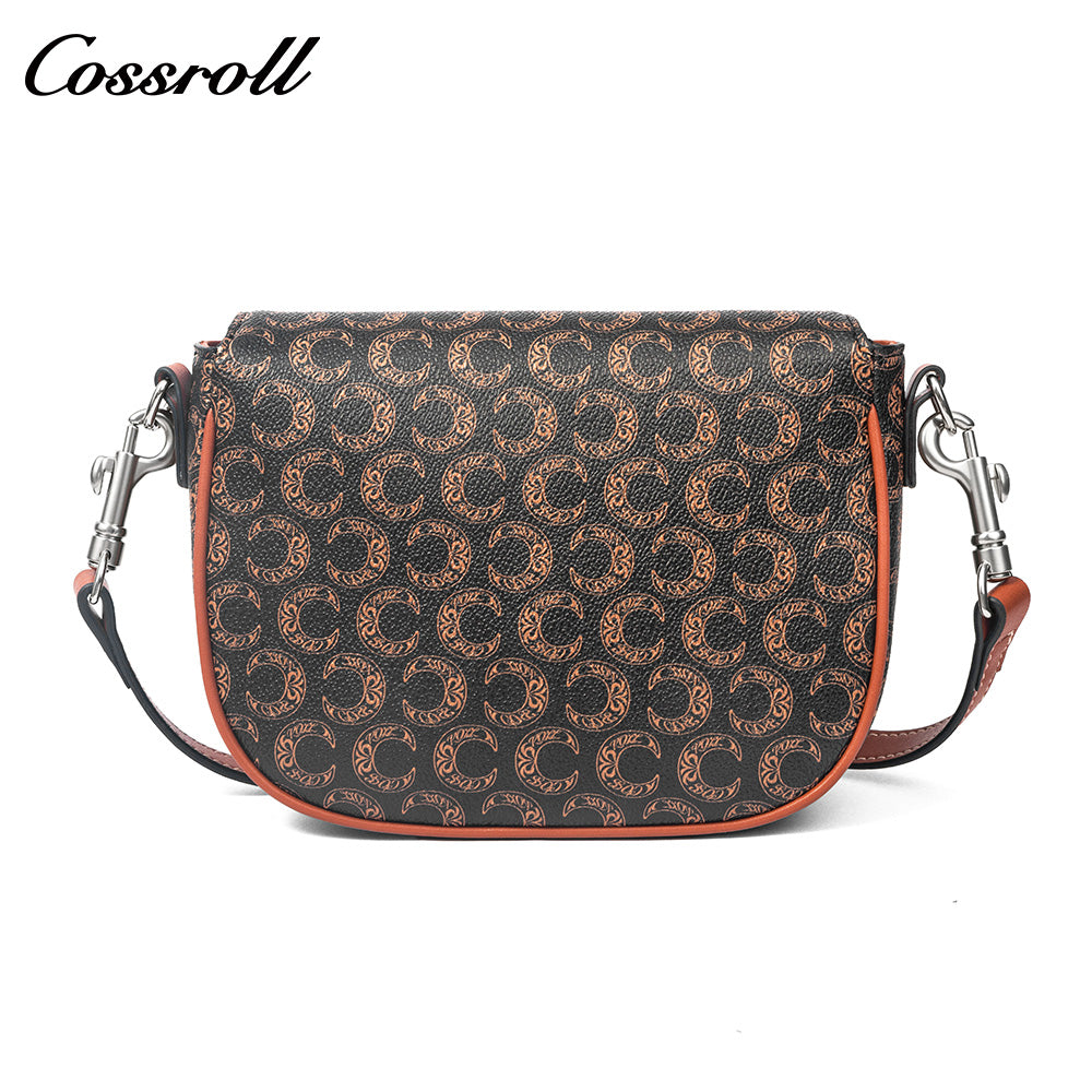Vintage C Monogram Saddle Bag for Women, Contrast Brown Leather Buckle Flap Crossbody Shoulder Purse